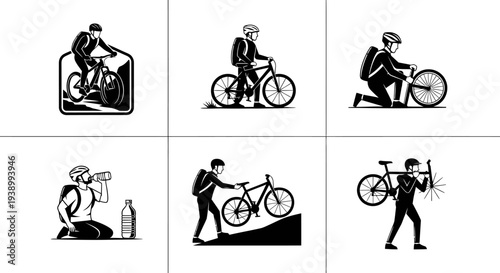 Black and White Cycling Biker Glyph Icons Set for Sport and Outdoor Activities