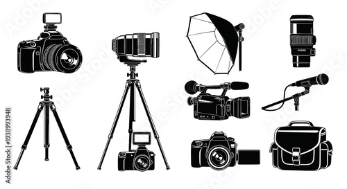 Photography and Videography Studio Equipment Glyph Icons Set - Black  White