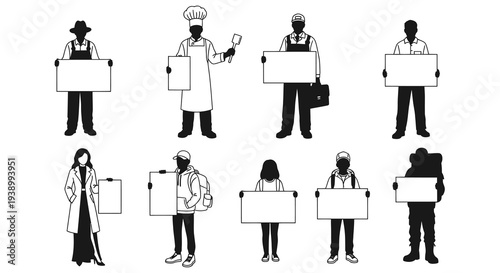 Diverse People  Occupations Holding Blank Signs Vector Line Art Illustration