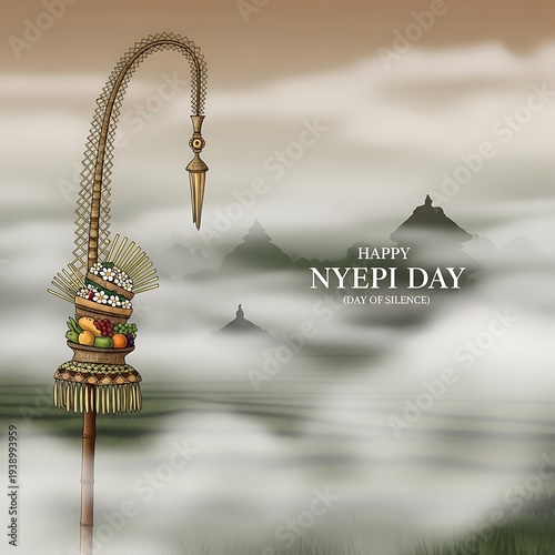 Nyepi Day of Silence in Bali A Spiritual Celebration with Traditional Ogoh-Ogoh and Misty Mountain Scenery