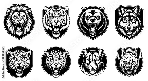 Fierce Wild Animal Heads Vector Collection - Black  White Line Art for Logos  Mascots