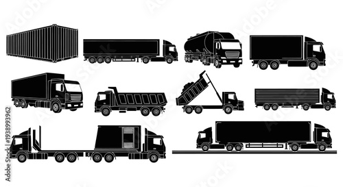 Logistics Transportation Commercial Vehicles Truck and Container Silhouettes Set