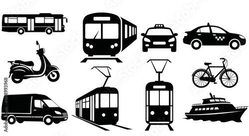 Transportation Vehicles Icon Set - Black  White Glyph for Travel, Commute, and Logistics