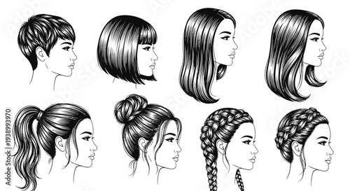 Diverse Women's Hairstyles: Black  White Line Art Vector Set for Beauty Industry
