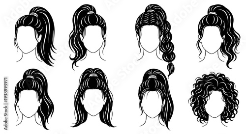 Beauty Fashion Female Hairstyles Set Black and White Line Art Vector Illustration