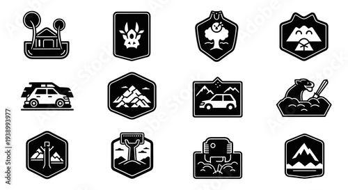 Outdoor Adventure Nature Travel Wilderness Camping Exploration Black White Glyph Icon Set