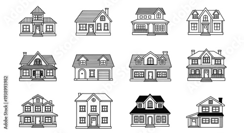 Real Estate Housing Black and White Line Art Homes and Houses Icons Set