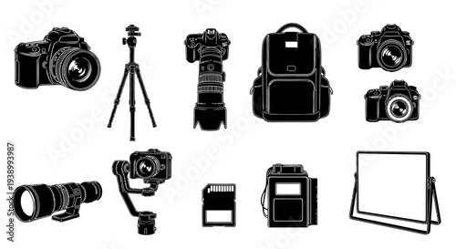 Photography Equipment  Camera Gear Glyph Icons Set - Black  White Silhouettes