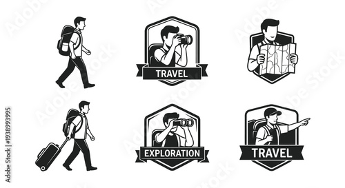 Black  White Travel  Exploration Glyphs - Tourist  Traveler People Icons Set