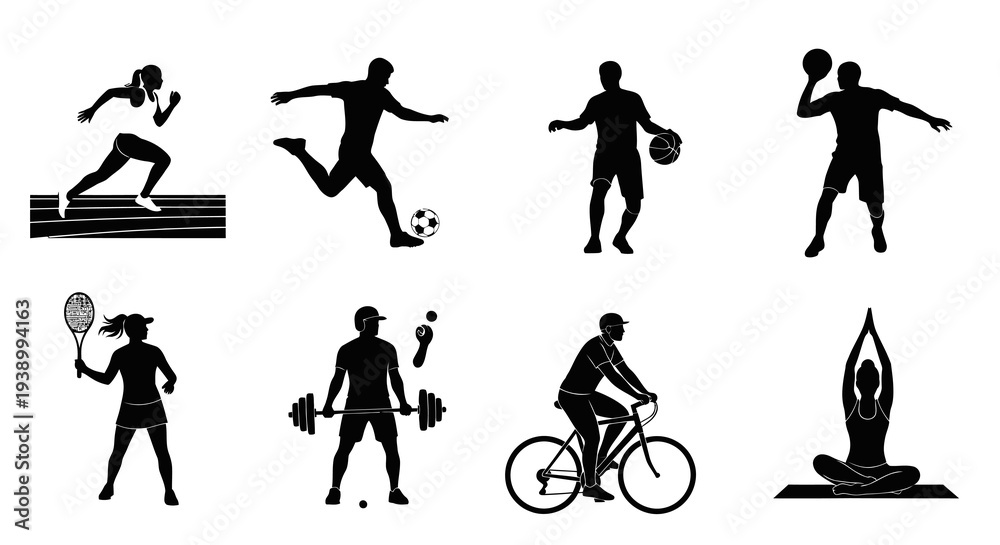 Obraz premium Sports Fitness Athletes Silhouettes: Black White Icon Set of Various Activities