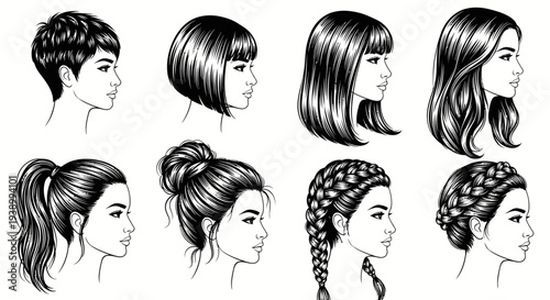 Beauty  Fashion: Diverse Women's Hairstyles Black White Line Art Vector Set