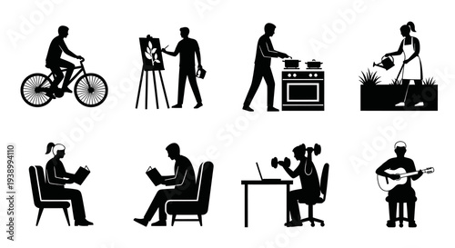 Diverse Lifestyle Hobbies  Activities Black Silhouette Vector Icons Set