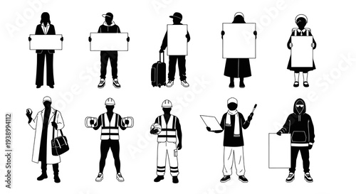 Diverse People with Blank Signs Silhouette Vector Illustrations for Communication and Protest