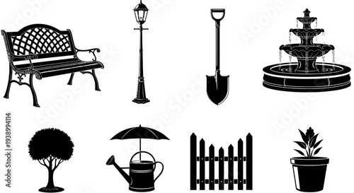 Gardening and Park Outdoor Elements Silhouette Icons Collection