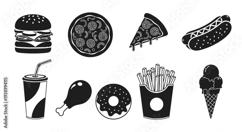 Fast Food Glyph Icons Set. Black and White Restaurant Takeaway Silhouette Collection.