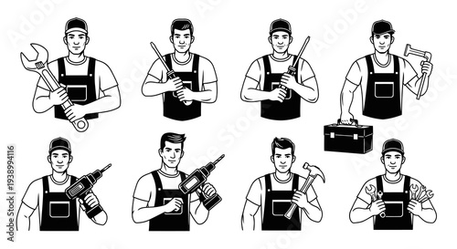Professional Mechanic and Handyman Workers with Tools - Black and White Line Art Vector Set