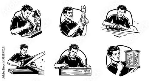 Woodworking Carpenter Man Crafting with Tools Black  White Line Art Vector Illustration