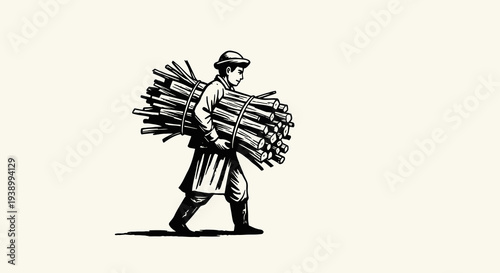 Traditional Manual Labor: Man Carrying Firewood Bundle - Black  White Line Art Illustration
