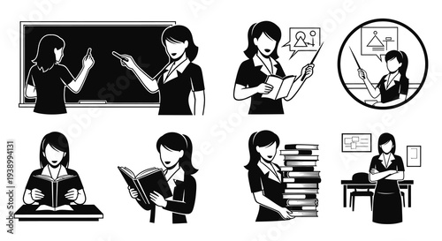 Education Teacher Glyph Icon Set. Black White Academic Instructor Silhouettes Vector Art