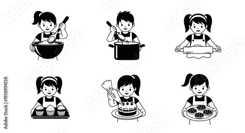 Food  Drink: Black  White Line Art Icons of Children Baking and Cooking