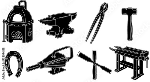 Blacksmith Tools  Equipment Black and White Icons for Traditional Metalworking