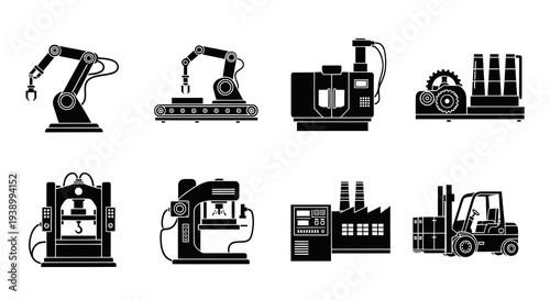 Industrial Manufacturing, Automation, Production, Factory Equipment Black Glyph Icons Set