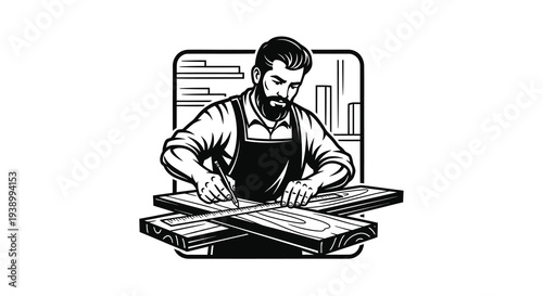 Woodworking Craftsman Measuring Timber - Black  White Line Art Illustration