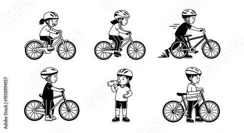 Black  White Line Art: Kids Cycling, Bicycle Training, and Outdoor Play Activities