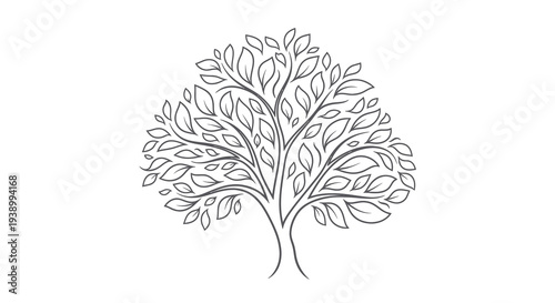 Stylized Black and White Line Art Tree with Leaves - Nature, Growth, and Ecology Symbol