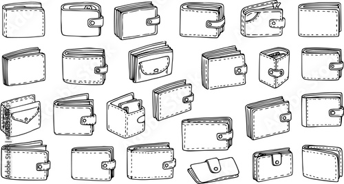 Black and White Line Art Hand-Drawn Wallets Collection for Finance, Shopping, and Fashion Accessories.