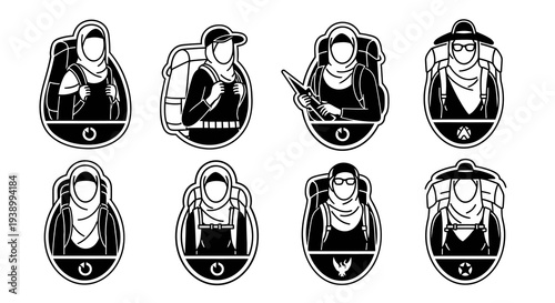 Hijab Backpackers  Hikers Icon Set. Outdoor Travel Adventure Black  White Glyphs