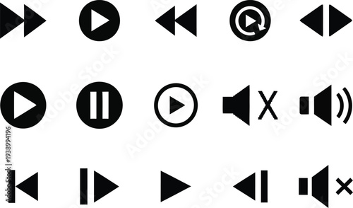 Media Player Control Icon Set – Play, Pause, Stop, Volume, Rewind and Fast Forward Vector Icons