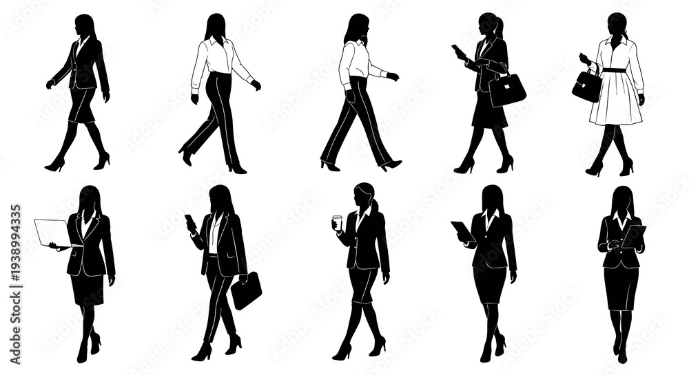 Fototapeta premium Corporate Businesswomen Silhouettes Vector Set - Professional Female Executives Walking Working