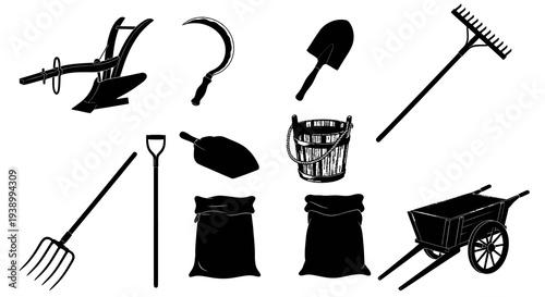Black  White Glyph Set of Agriculture and Farming Tools and Equipment Icons