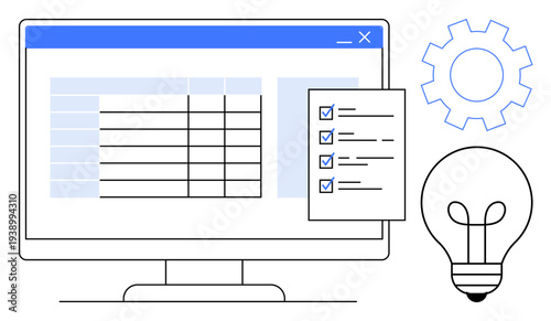 Data management concept. Data organization with checklist and computer screen for productivity. Data enhances project planning and innovation. For business, tech, education, teamwork, startups