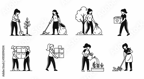 Black  White Line Art Icons: Women Volunteering, Community Service  Charity Vector Set