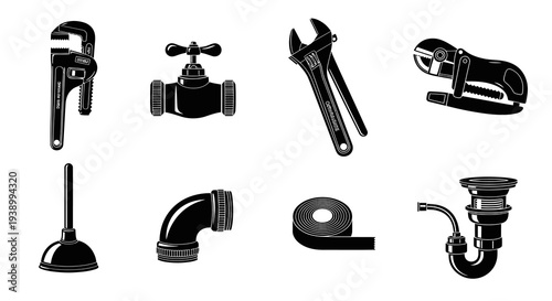 Plumbing Industry Tools and Parts Black  White Glyph Vector Icons