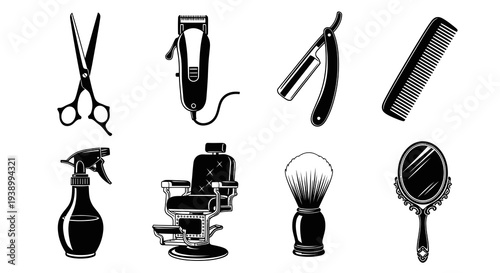 Professional Barbershop and Hairdressing Equipment Black Silhouette Icons Set
