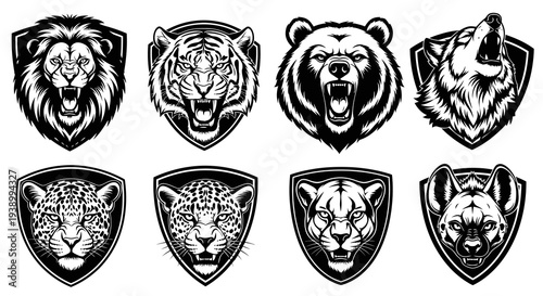 Fierce Wild Animal Mascots Shields in Black and White Vector Line Art