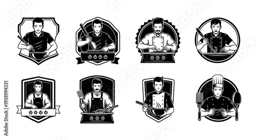Black  White Line Art Chef Logos Collection - Culinary Food  Restaurant Emblems