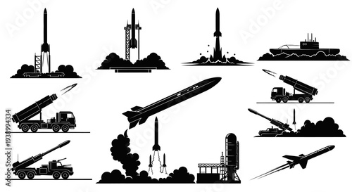 Military Rockets and Missiles Silhouette Vector Icons Set: Defense and Aerospace Technology