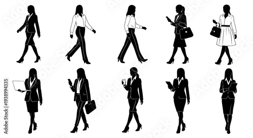 Corporate Businesswomen Silhouettes Vector Set - Professional Female Executives Walking Working