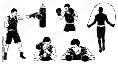 Monochrome Boxing Athletes and Training Equipment Line Art Vector Illustration Set