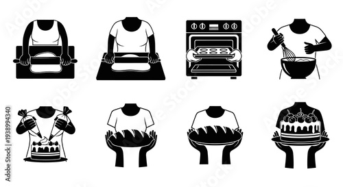 Food Baking Process Black  White Glyph Icons Set - Bakery  Confectionery Silhouettes