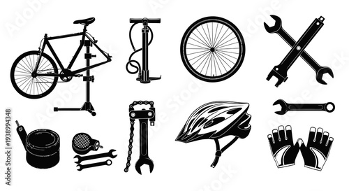 Bicycle Repair Tools, Parts, and Cycling Gear - Black  White Glyph Icons Set