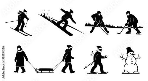 Winter Outdoor Sports Activities Silhouette Glyphs Set - People Skiing, Snowboarding, Hockey, Sledding, Snowman