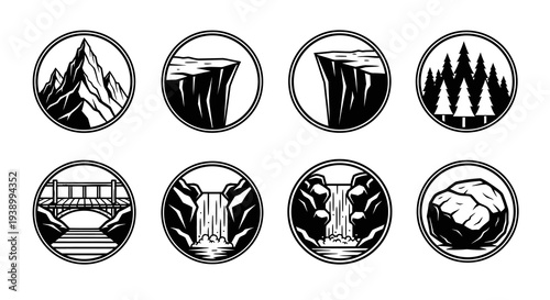 Black  White Line Art Badges: Nature Elements, Mountains, Cliffs, Waterfalls for Outdoor Graphics