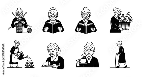 Senior Woman Lifestyle Black  White Line Art Icons: Hobbies, Daily Life  Aging
