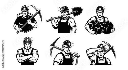 Mining Worker Characters Set with Pickaxe, Shovel, and Ore - Black and White Vector Art