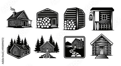 Outdoors Log Cabin and Firewood Storage Set - Black and White Vintage Line Art